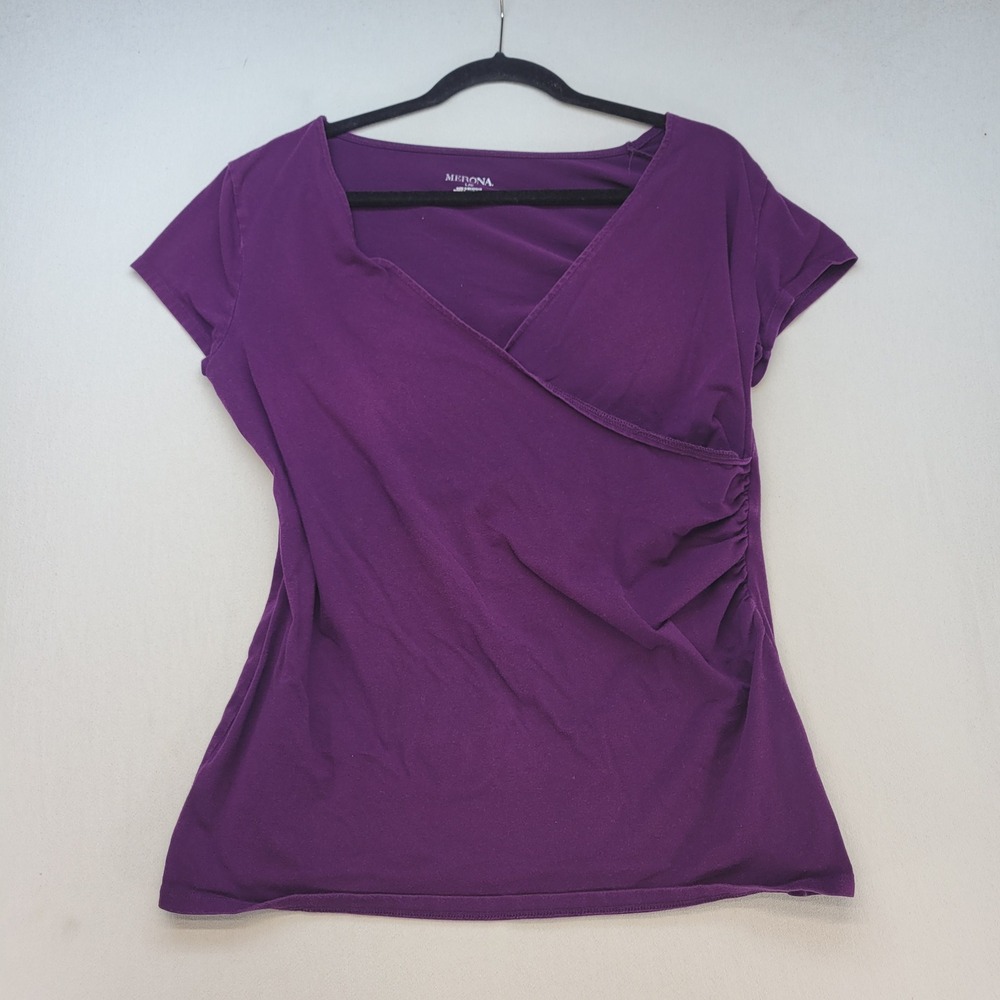 Merona Faux Wrap Top Womens Large Purple Casual Ruched Short Sleeve V-Neck